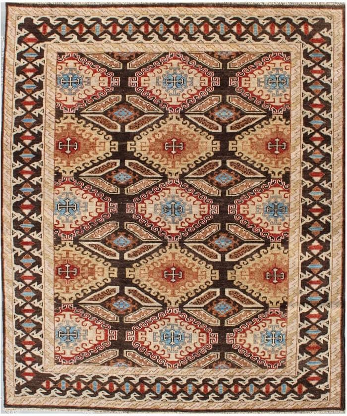 Hand Knotted Wool Rug, Multi Brown Santa Fe Pattern, 8x10 9x12