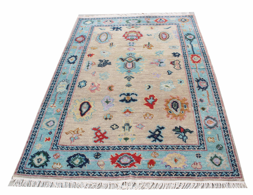 Hand-Knotted Oushak Wool Rug, Beige & Light Blue, Modern Floral