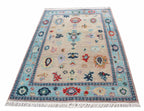 Hand-Knotted Oushak Wool Rug, Beige & Light Blue, Modern Floral
