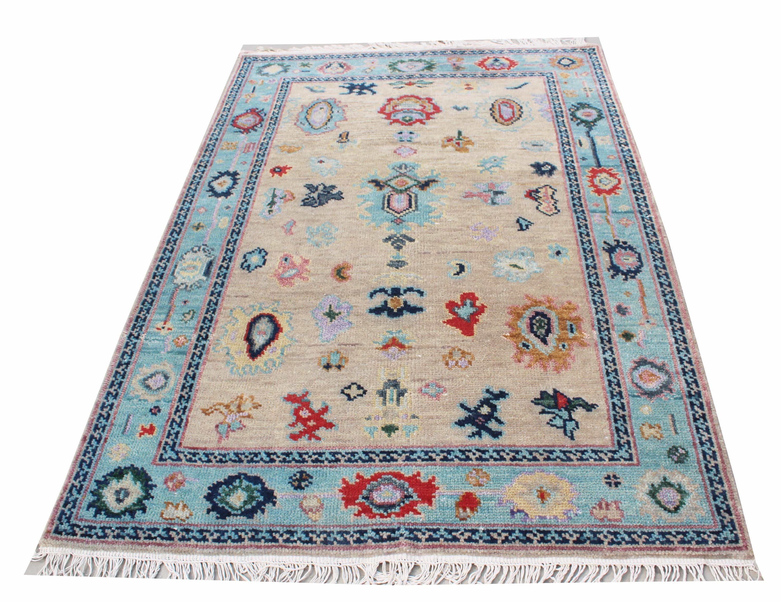 Hand-Knotted Oushak Wool Rug, Beige & Light Blue, Modern Floral