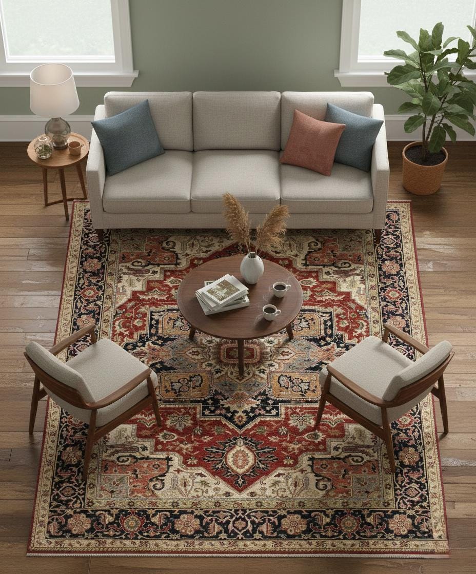 Hand Knotted Wool Heriz Serapi Rug - Red Navy Blue Traditional Persian Area Rug