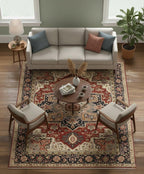 Hand Knotted Wool Heriz Serapi Rug - Red Navy Blue Traditional Persian Area Rug