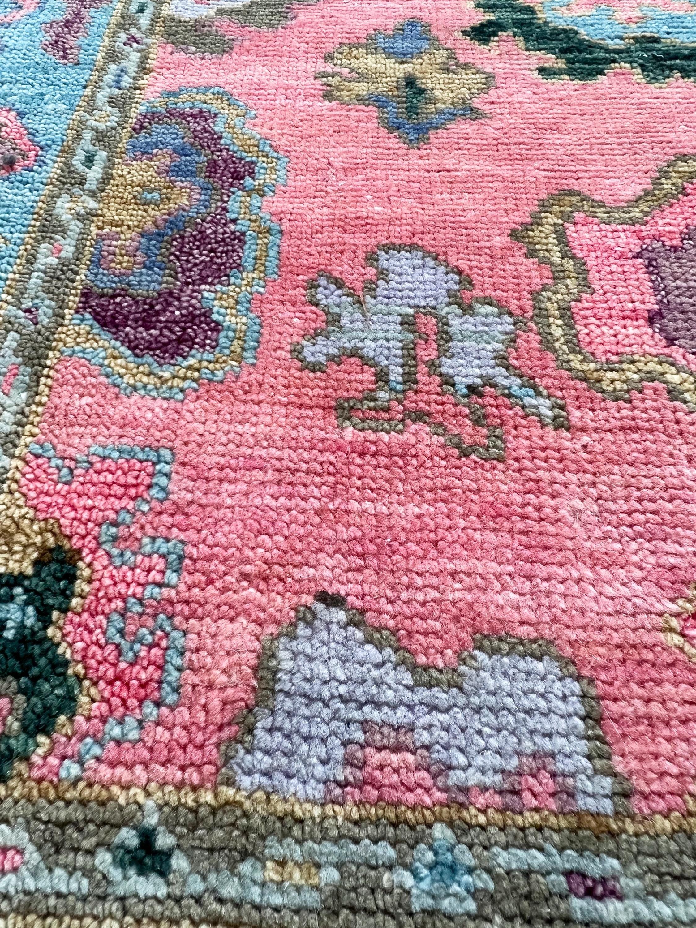 Hand Knotted Pink Oushak Rug Turkish Wool Area Rug, Modern Floral Muted Rug Custom sizes -4x6 5x8 6x9 8x10 9x12 10x14 12x15