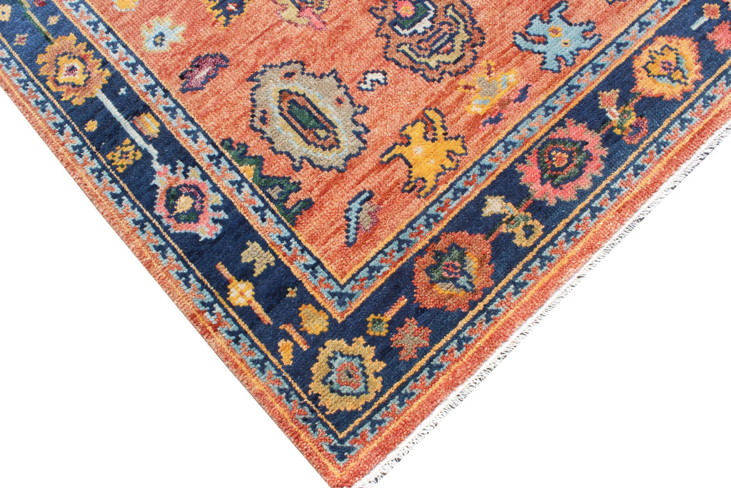 Hand Knotted Oushak Rug Orange Blue Turkish Wool Area Rug