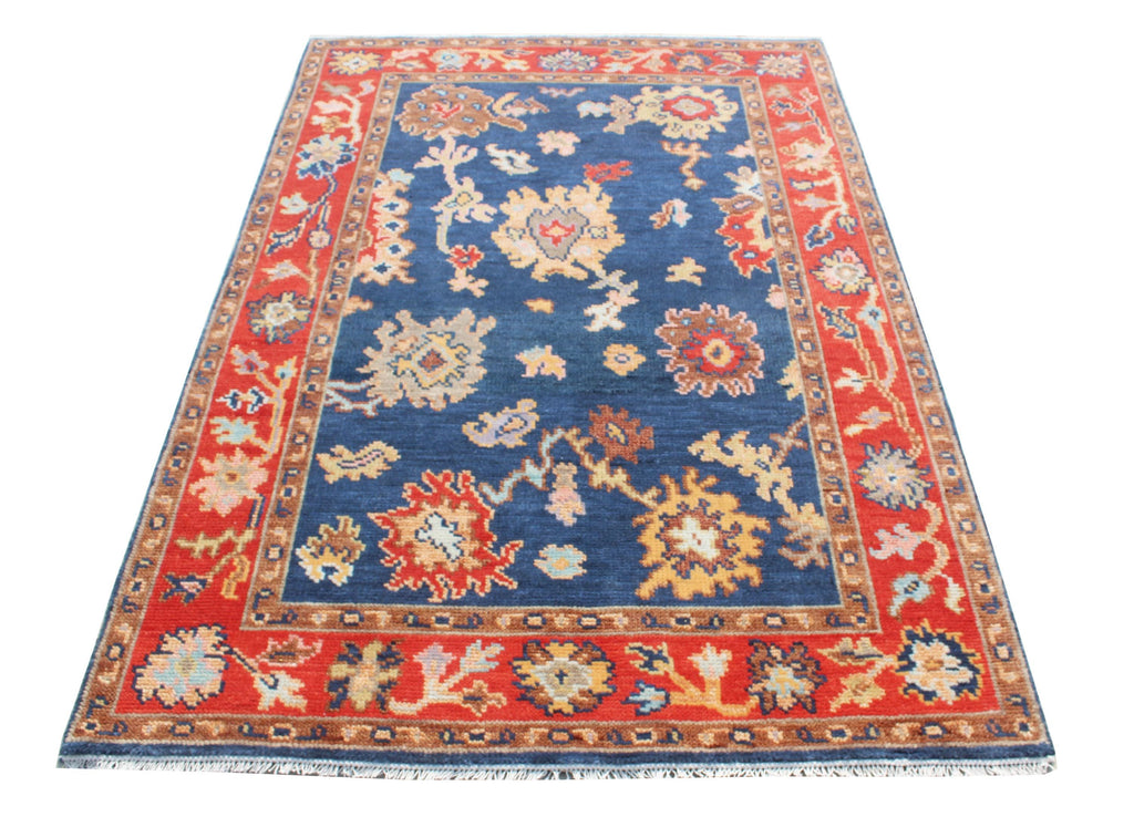 Hand Knotted Oushak Rug Blue Rust Turkish Wool Area Rug