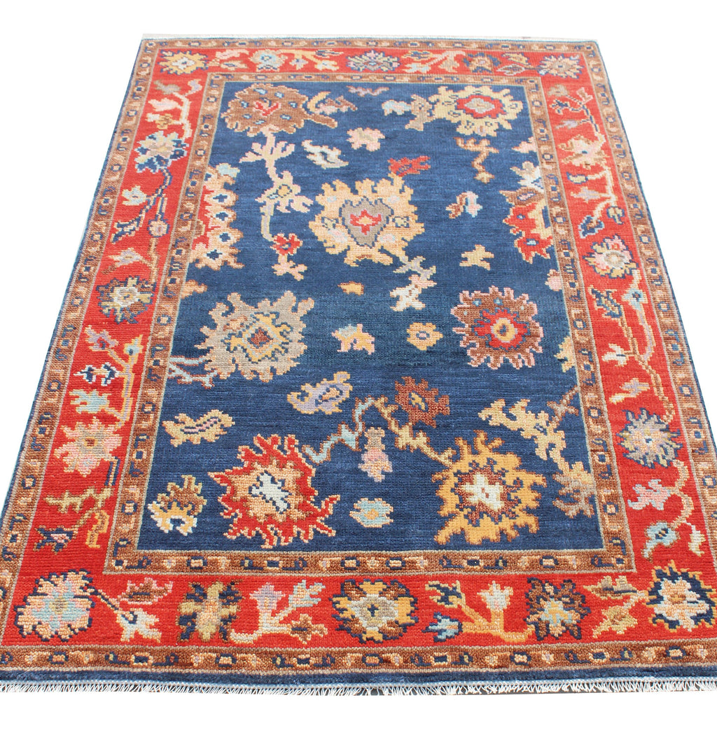 Hand Knotted Oushak Rug Blue Rust Turkish Wool Area Rug