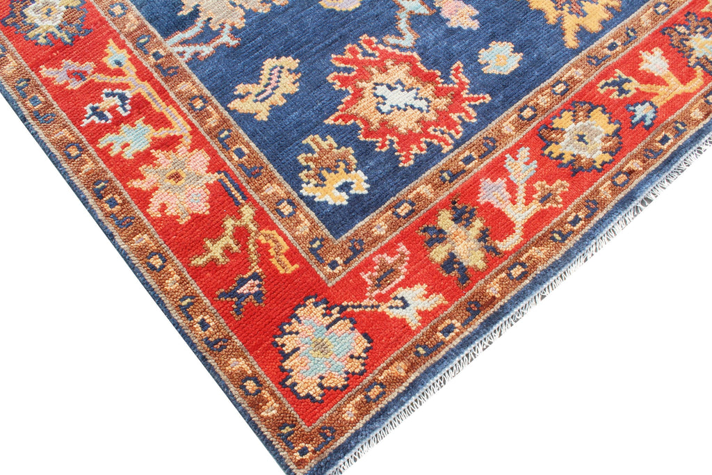 Hand Knotted Oushak Rug Blue Rust Turkish Wool Area Rug