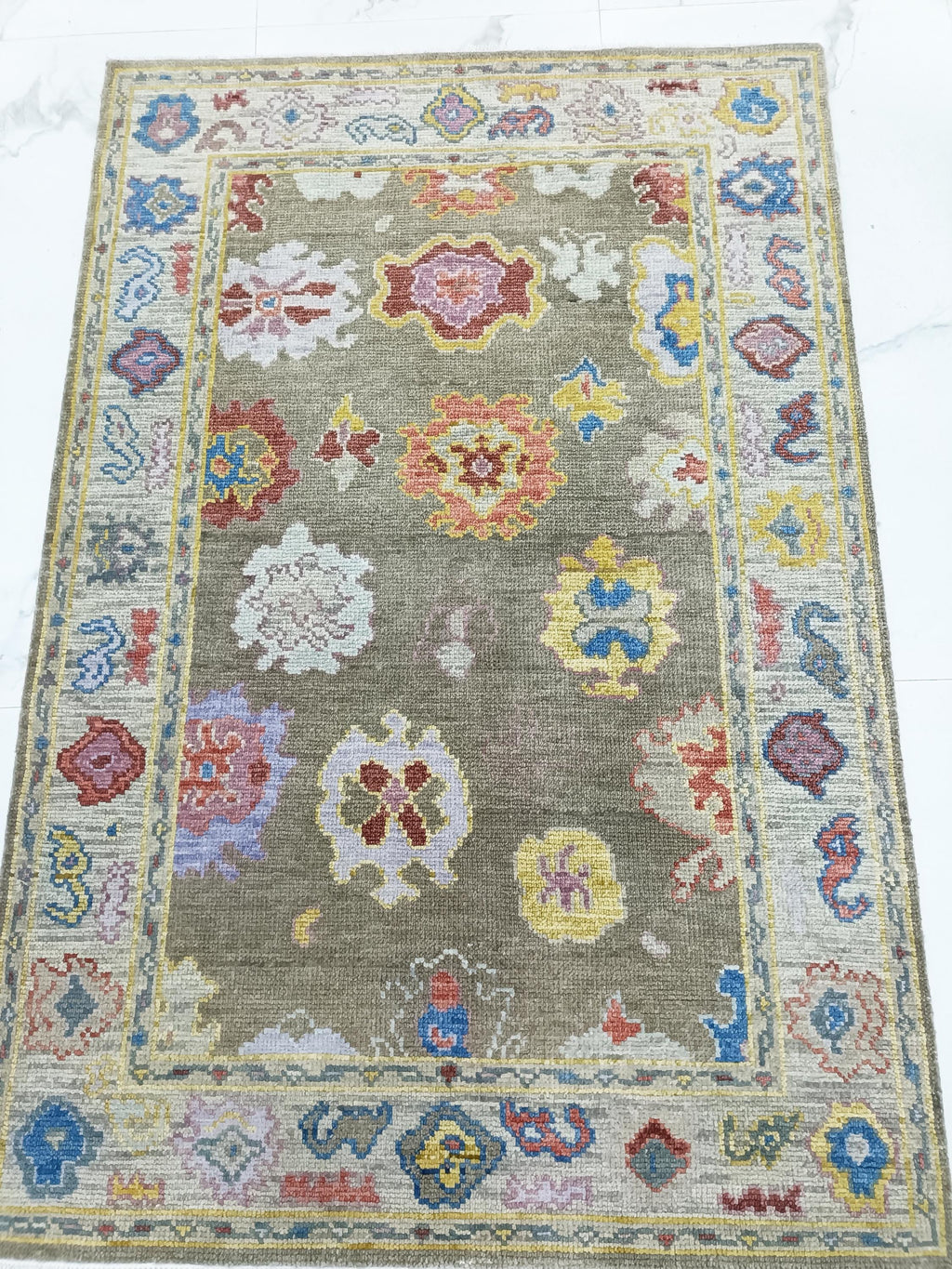 Hand Knotted Oushak Rug olive green Turkish Wool Area Rug