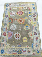 Hand Knotted Oushak Rug olive green Turkish Wool Area Rug