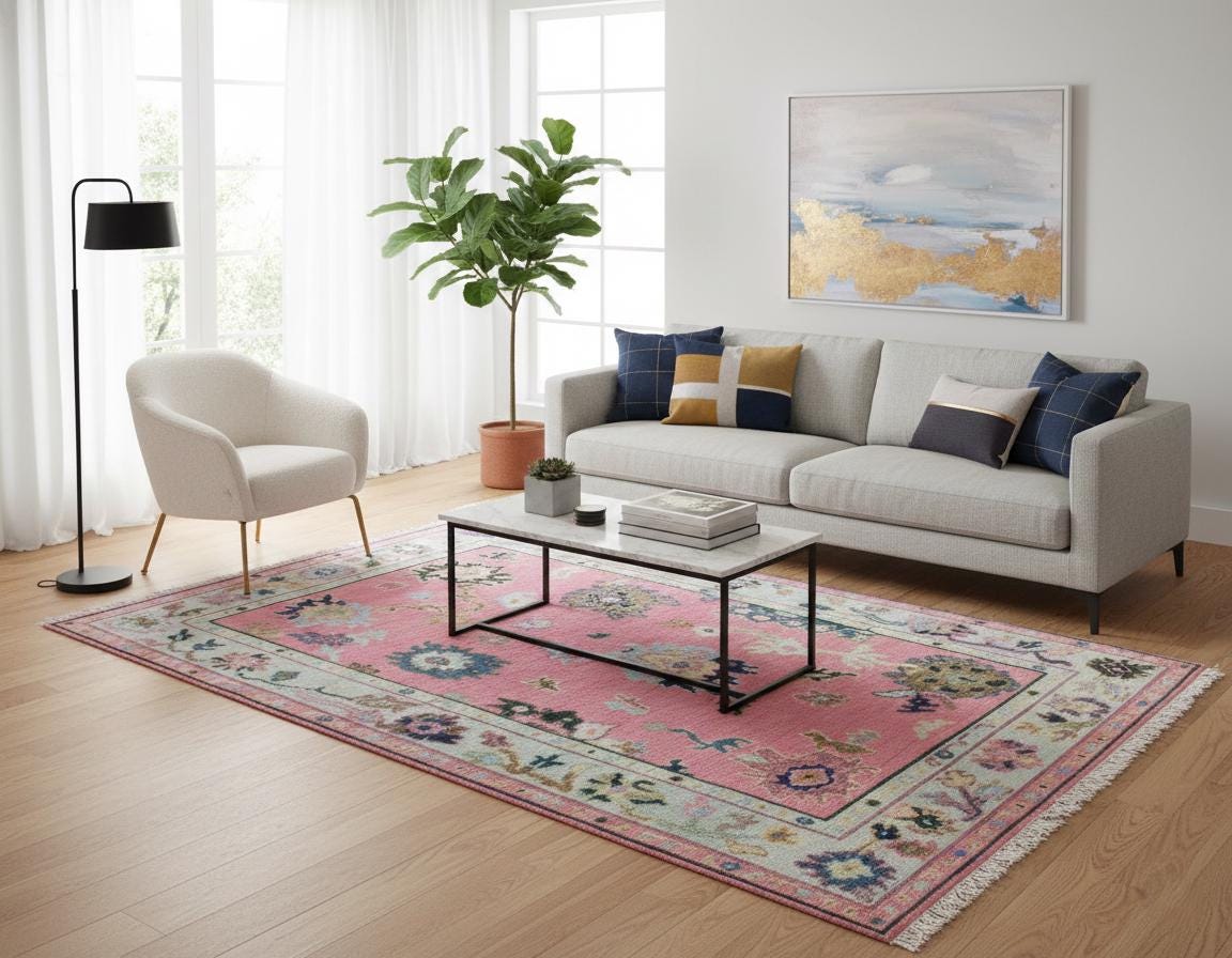 Hand Knotted Pink Oushak Wool Rug, Vintage Turkish Style