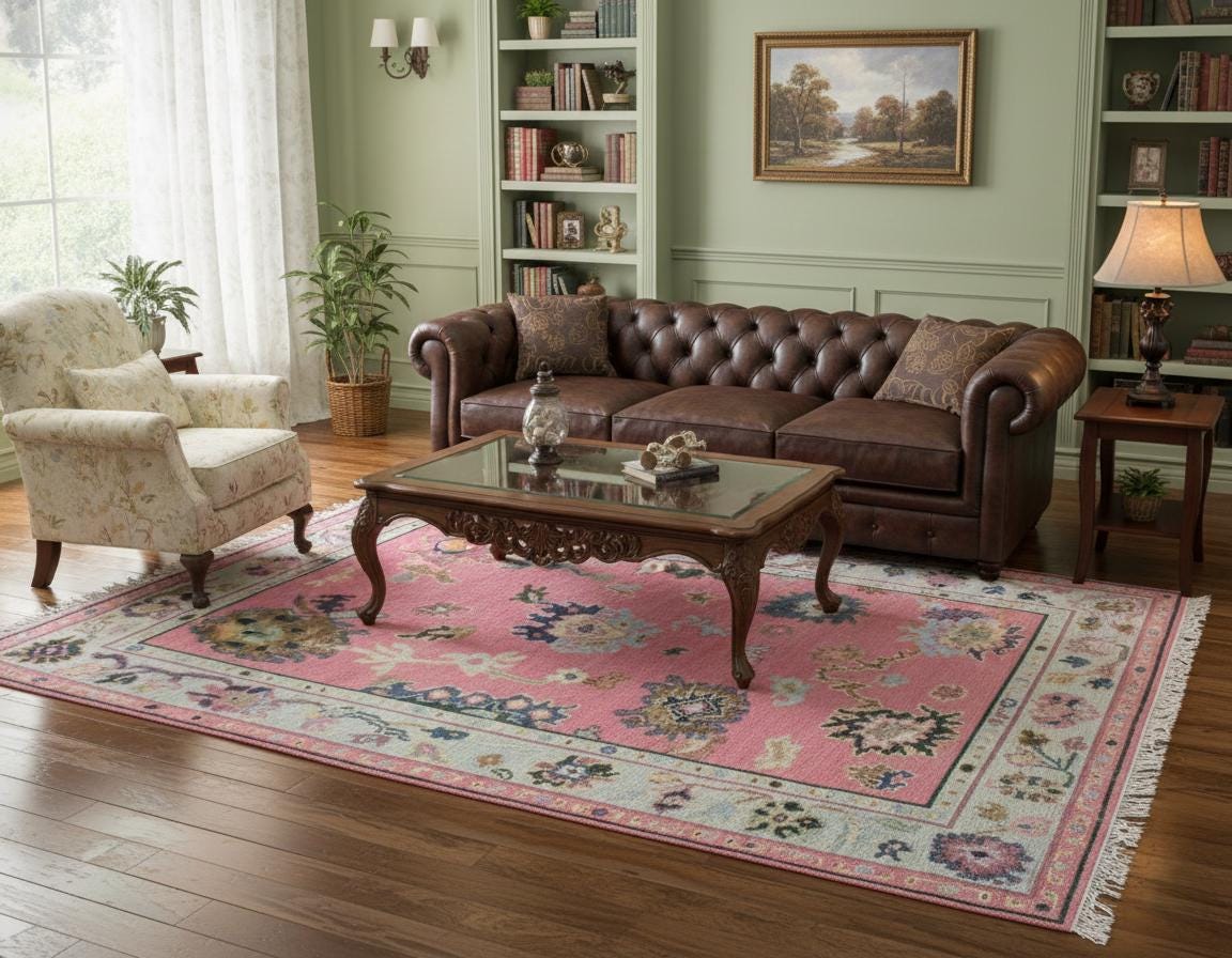 Hand Knotted Pink Oushak Wool Rug, Vintage Turkish Style