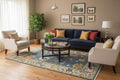 Hand Knotted Oushak Rug Blue Ivory Turkish Wool Area Rug