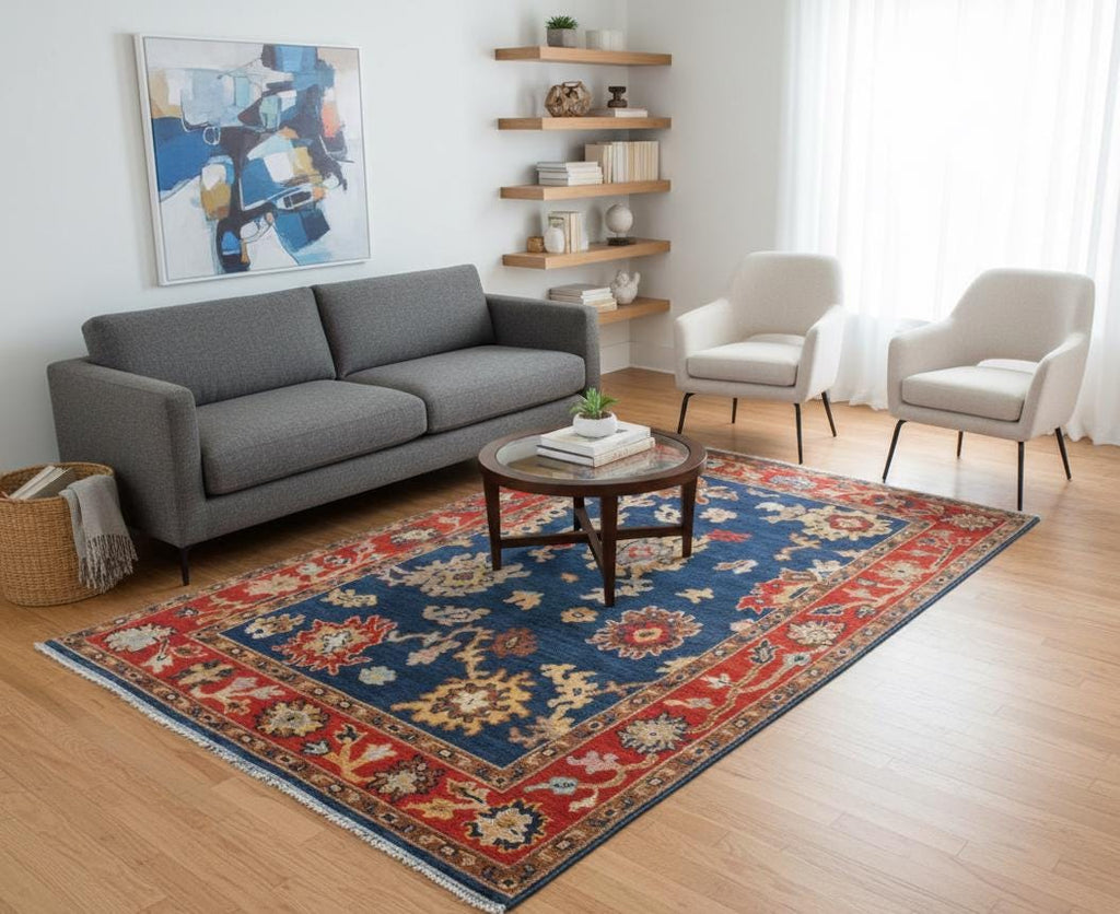 Hand Knotted Oushak Rug Blue Rust Turkish Wool Area Rug