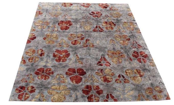 Modern Abstract Floral Hand Knotted Wool-bamboo silk Rug Grey Red Gold Artistic Area Carpet for Living Room, Bedroom, Office 8x10 9x12 10x14