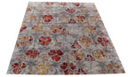 Modern Abstract Floral Hand Knotted Wool-bamboo silk Rug Grey Red Gold Artistic Area Carpet for Living Room, Bedroom, Office 8x10 9x12 10x14