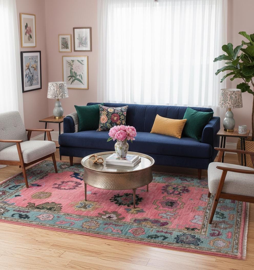 Hand Knotted Pink Oushak Rug Turkish Wool Area Rug, Modern Floral Muted Rug Custom sizes -4x6 5x8 6x9 8x10 9x12 10x14 12x15