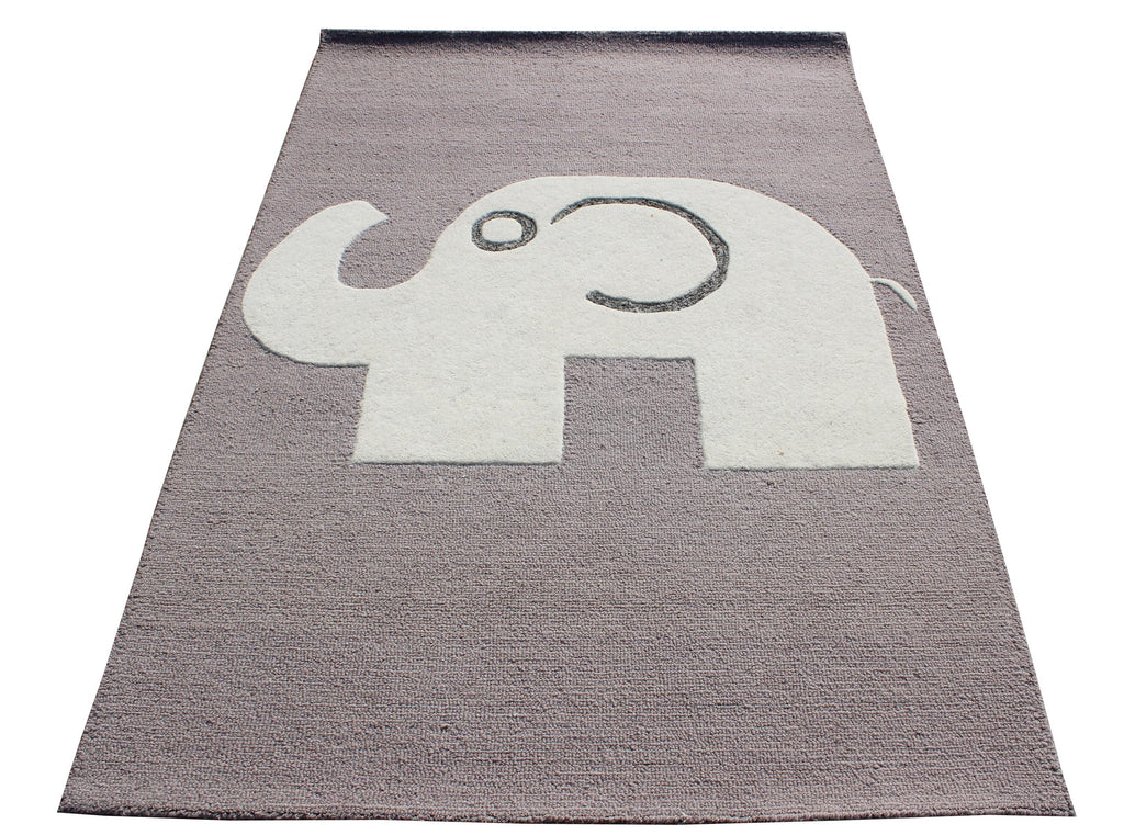 Elephant Hand Tufted Rug, Grey & White Nursery Area Rug, Cute Animal Kids Room Decor