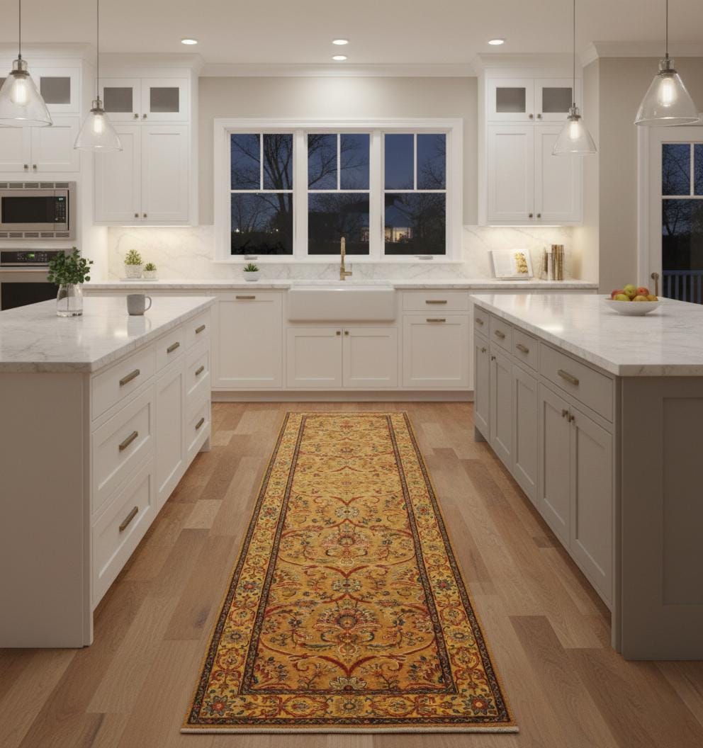 2.6x10 Gold Oushak Kitchen Runner, Traditional Floral Persian Gallery Rug, Extra Long 10ft Gold Amber Carpet