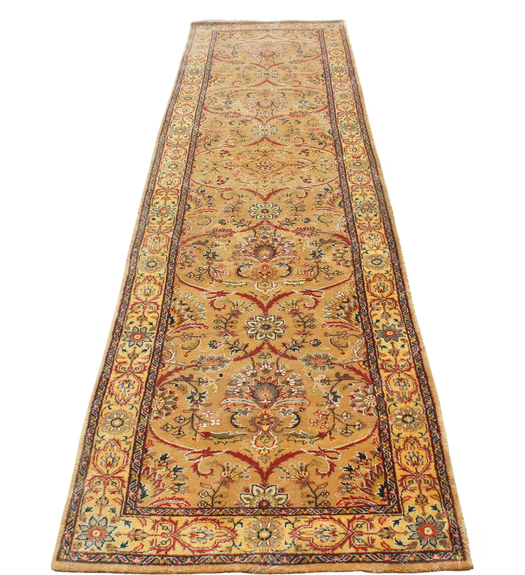 2.6x10 Gold Oushak Kitchen Runner, Traditional Floral Persian Gallery Rug, Extra Long 10ft Gold Amber Carpet