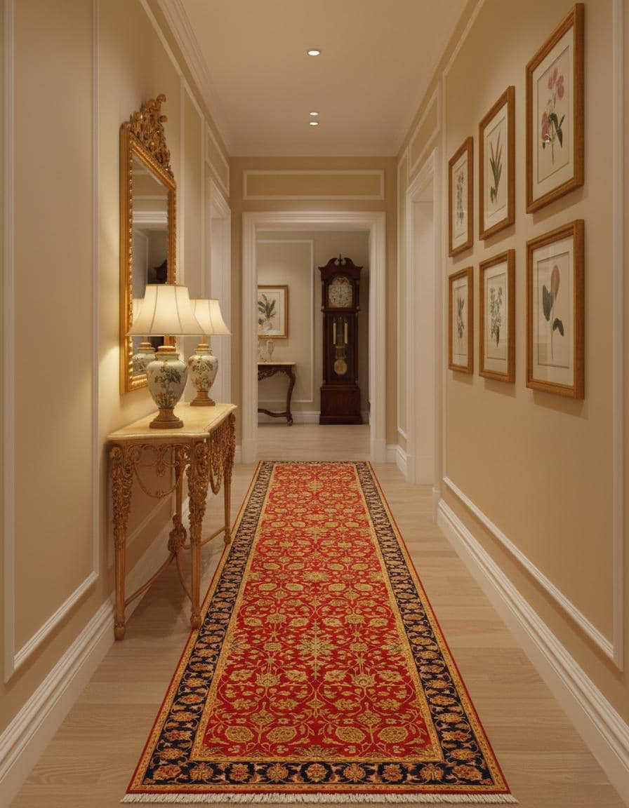 Exquisite 2.7x11 Red & Gold Floral Wool Runner -- Persian Style Entryway Decor
