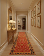 Exquisite 2.7x11 Red & Gold Floral Wool Runner -- Persian Style Entryway Decor