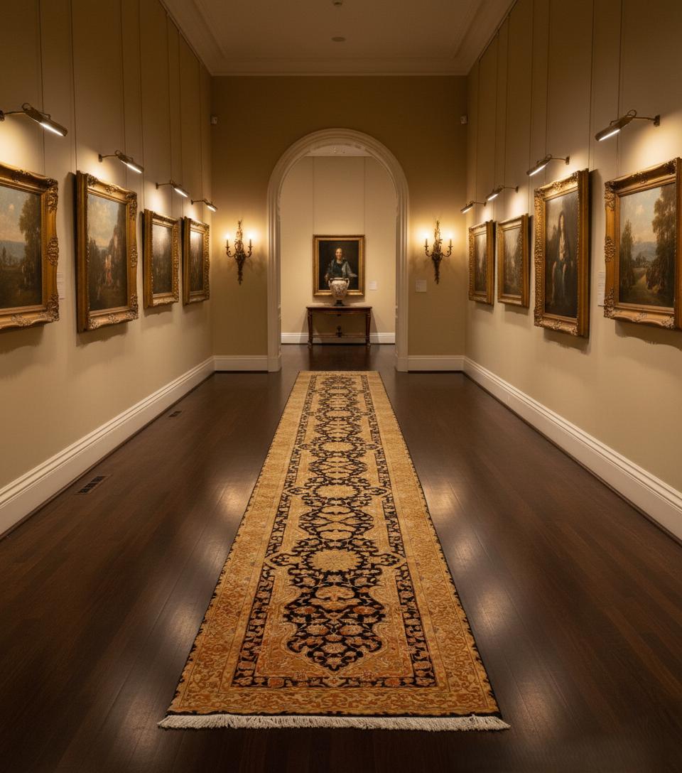 Antique 14 ft Tabriz style Runner, Black & Gold Oriental Hallway Runner, Traditional Persian Gallery Rug