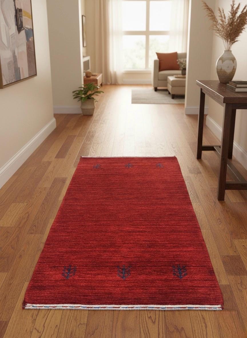 Deep Crimson Gabbeh Wool Accent rug -2x5 ft Minimalist Tribal Rug - Modern Boho Home Decor