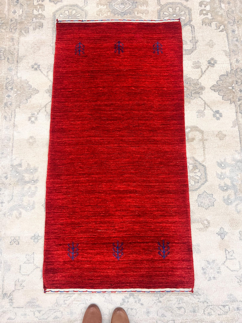 Deep Crimson Gabbeh Wool Accent rug -2x5 ft Minimalist Tribal Rug - Modern Boho Home Decor