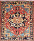 Hand Knotted Serapi Wool Rug, Rust Navy Heriz style Medallion Area Rug, Traditional Oriental Carpet for Living Room, Custom Sizes Available