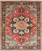 Hand Knotted Serapi Wool Rug, Rust Navy Heriz style Medallion Area Rug, Traditional Oriental Carpet for Living Room, Custom Sizes Available