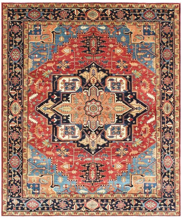 Hand Knotted Serapi Wool Rug, Rust Navy Heriz style Medallion Area Rug, Traditional Oriental Carpet for Living Room, Custom Sizes Available