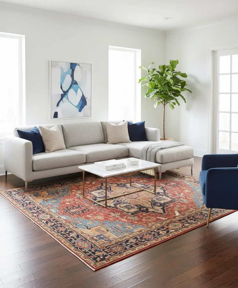 Hand Knotted Serapi Wool Rug, Rust Navy Heriz style Medallion Area Rug, Traditional Oriental Carpet for Living Room, Custom Sizes Available
