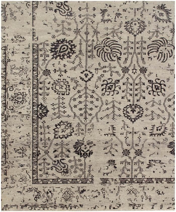 9x12 ft Large Hand-Knotted Wool Area Rug - Distressed Modern Transitional Floral Rug - Neutral Cream & Charcoal Rug for Living Room, Bedroom