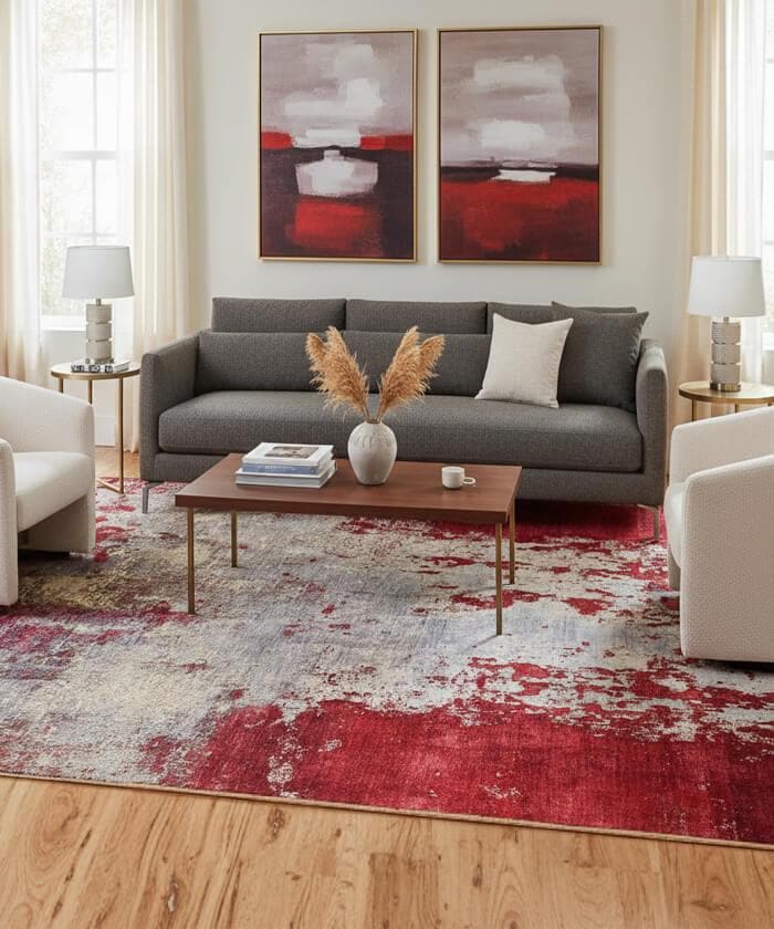 Red/Silver Gray HandKnotted Abstract Rug -Genuine Wool-Silk Blend-Modern Contemporary Area Rug-Premium 10/10 Quality
