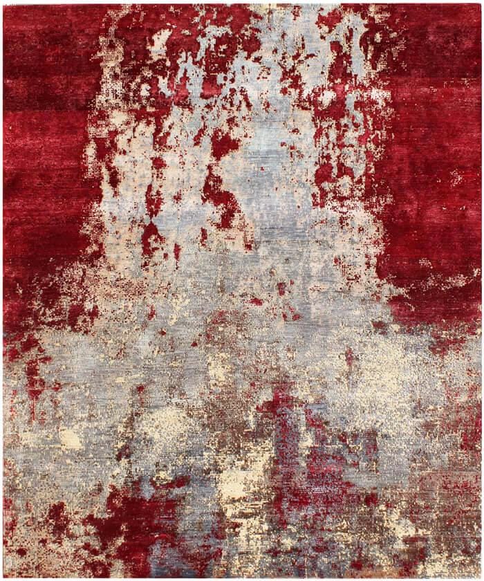 Red/Silver Gray HandKnotted Abstract Rug -Genuine Wool-Silk Blend-Modern Contemporary Area Rug-Premium 10/10 Quality