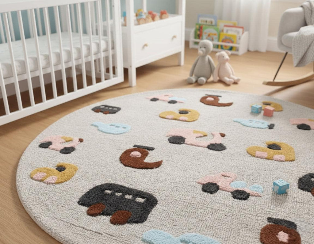 Round Hand-Tufted Kids Transportation Rug | Wool Nursery Decor
