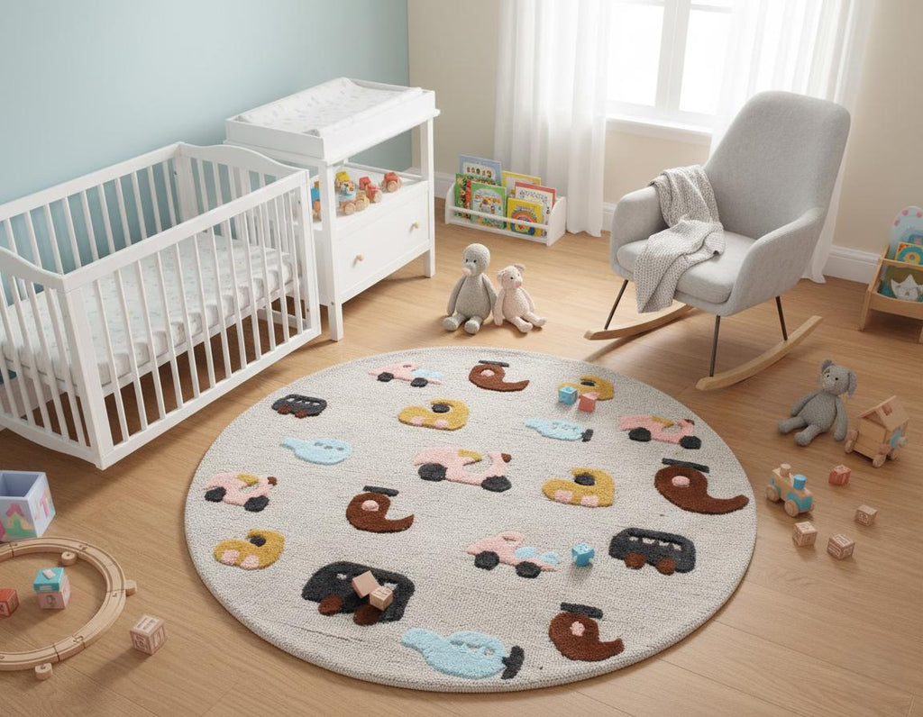 Round Hand-Tufted Kids Transportation Rug | Wool Nursery Decor