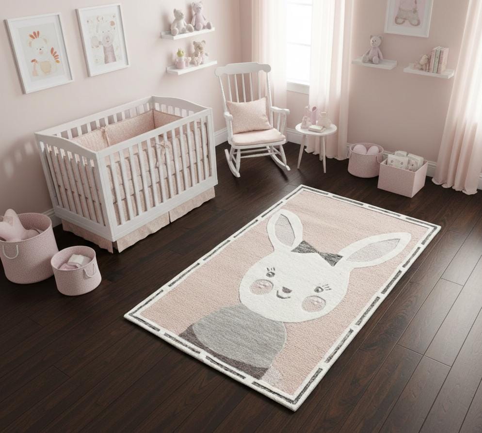 Cute pink Bunny Rug, Cute Pink Rabbit Nursery Decor