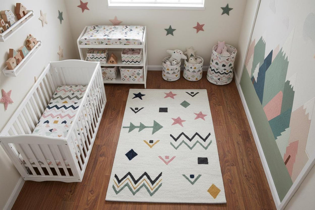 Colorful Geometric Shapes Wool Area Rug, Nursery Playroom Decor