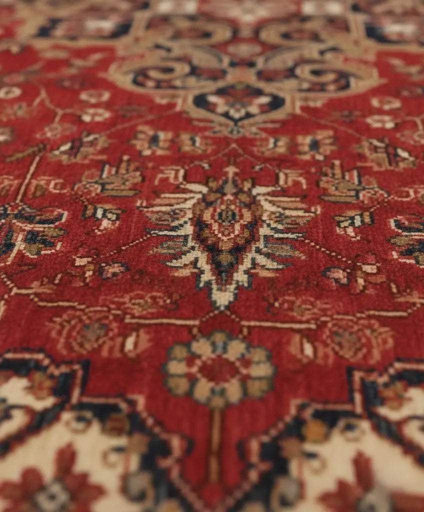 8x10 Persian Heriz Serapi Rug, Red & Cream Hand-Knotted Wool Area Rug, Vintage Medallion Carpet for Living Room, Authentic Oriental Rug
