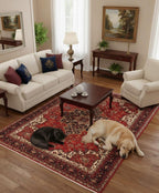 8x10 Persian Heriz Serapi Rug, Red & Cream Hand-Knotted Wool Area Rug, Vintage Medallion Carpet for Living Room, Authentic Oriental Rug