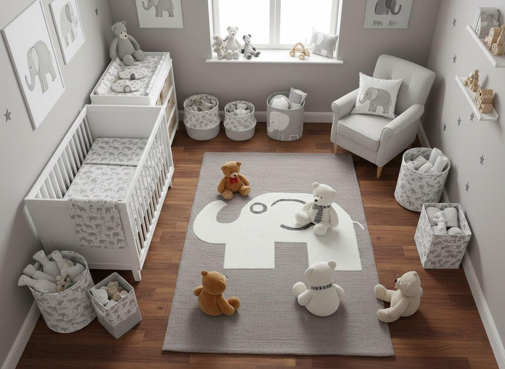 Elephant Hand Tufted Rug, Grey & White Nursery Area Rug, Cute Animal Kids Room Decor