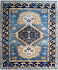 Hand Knotted Navajo Rug- Blue & Gold Southwestern Area Rug, Wool Rug for Living Room, Scandi Decor