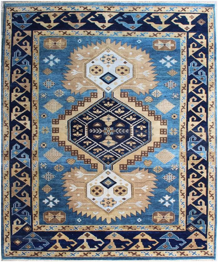 Hand Knotted Navajo Rug- Blue & Gold Southwestern Area Rug, Wool Rug for Living Room, Scandi Decor
