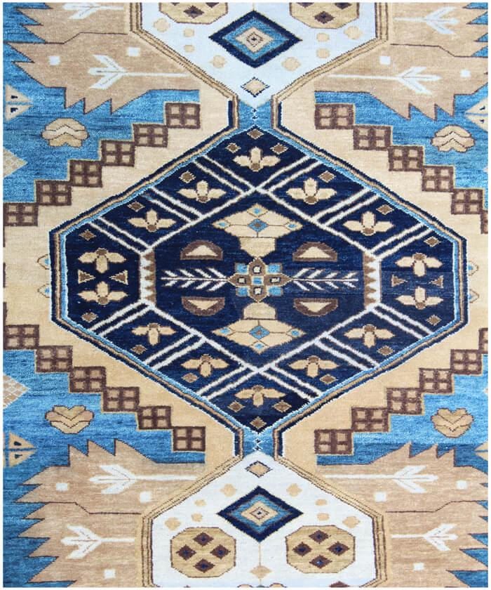 Hand Knotted Navajo Rug- Blue & Gold Southwestern Area Rug, Wool Rug for Living Room, Scandi Decor