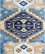 Hand Knotted Navajo Rug- Blue & Gold Southwestern Area Rug, Wool Rug for Living Room, Scandi Decor