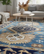 Hand Knotted Navajo Rug- Blue & Gold Southwestern Area Rug, Wool Rug for Living Room, Scandi Decor