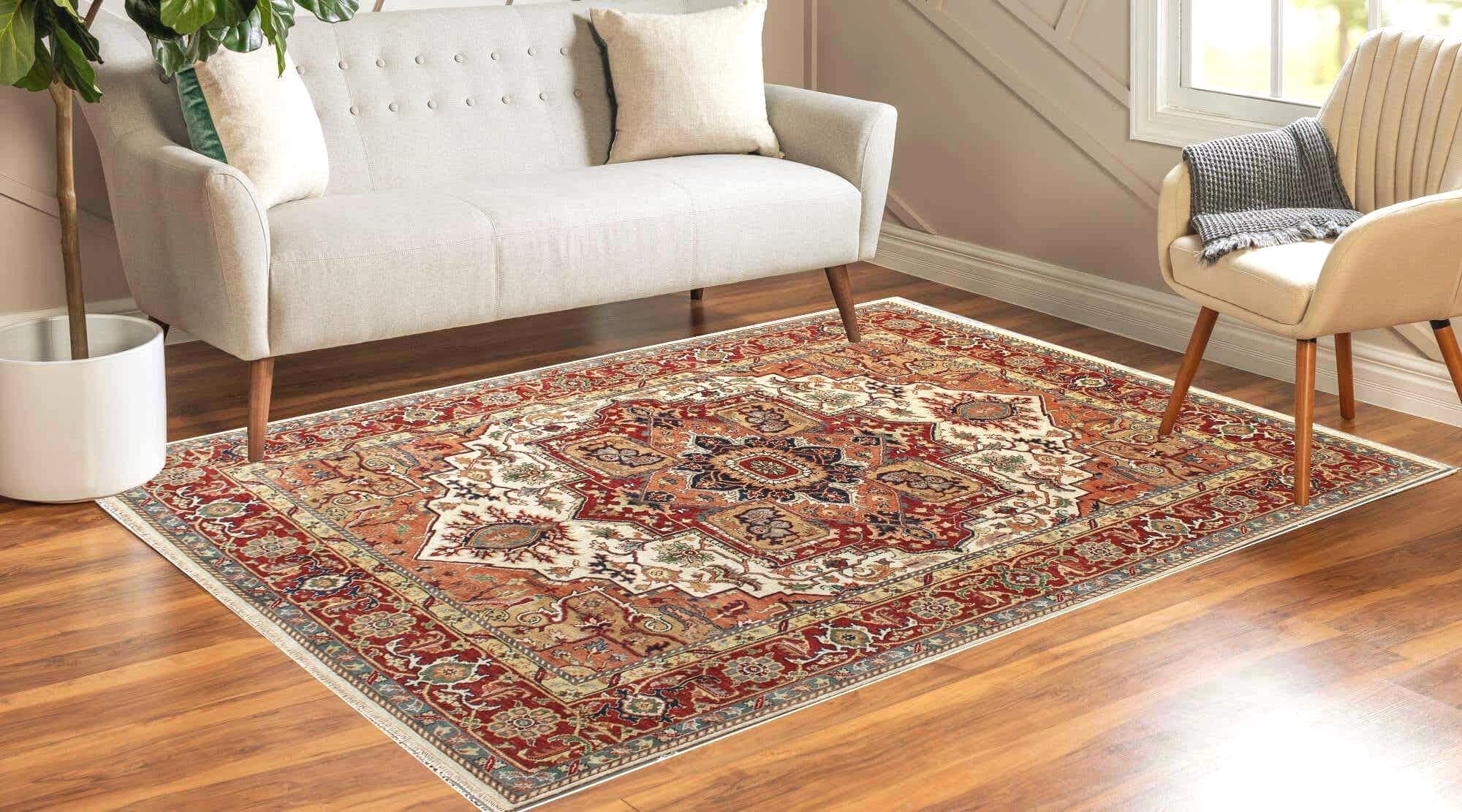 Hand knotted Heriz Serapi Wool Rug – Rust ivory Area Rug 6×9, 8×10, 10x14 ft – Persian Style Burgundy Serapi Rug for Living Room & Bedroom