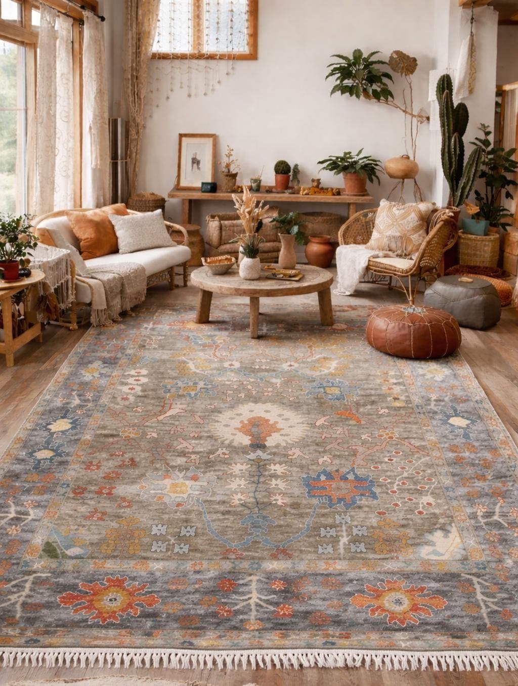 Bohemian Sage & Denim Hand-Knotted Oushak Wool Rug for living room