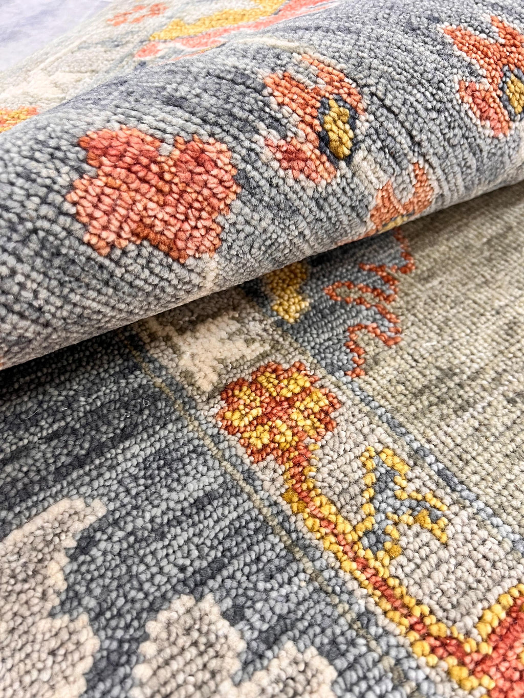 Bohemian Sage & Denim Hand-Knotted Oushak Wool Rug for living room